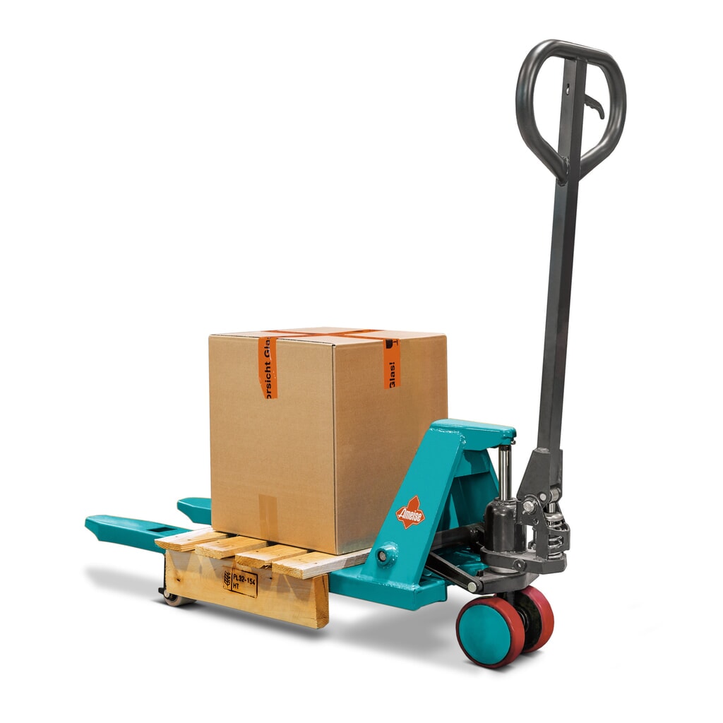 Ameise® mini pallet truck PTM 0.5, load capacity 500 kg, fork length 800 mm, polyurethane steering wheels, nylon fork rollers Product image no. 1: Ameise® mini pallet truck PTM 0.5, load capacity 500 kg, fork length 800 mm, polyurethane steering wheels, nylon fork rollers