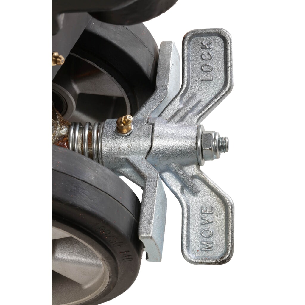 Parking brake for Jungheinrich hand pallet trucks AM 22 + AMW 22 + AMW 22p, for solid rubber steering castors Product image: Parking brake for Jungheinrich hand pallet trucks AM 22 + AMW 22 + AMW 22p, for solid rubber steering castors