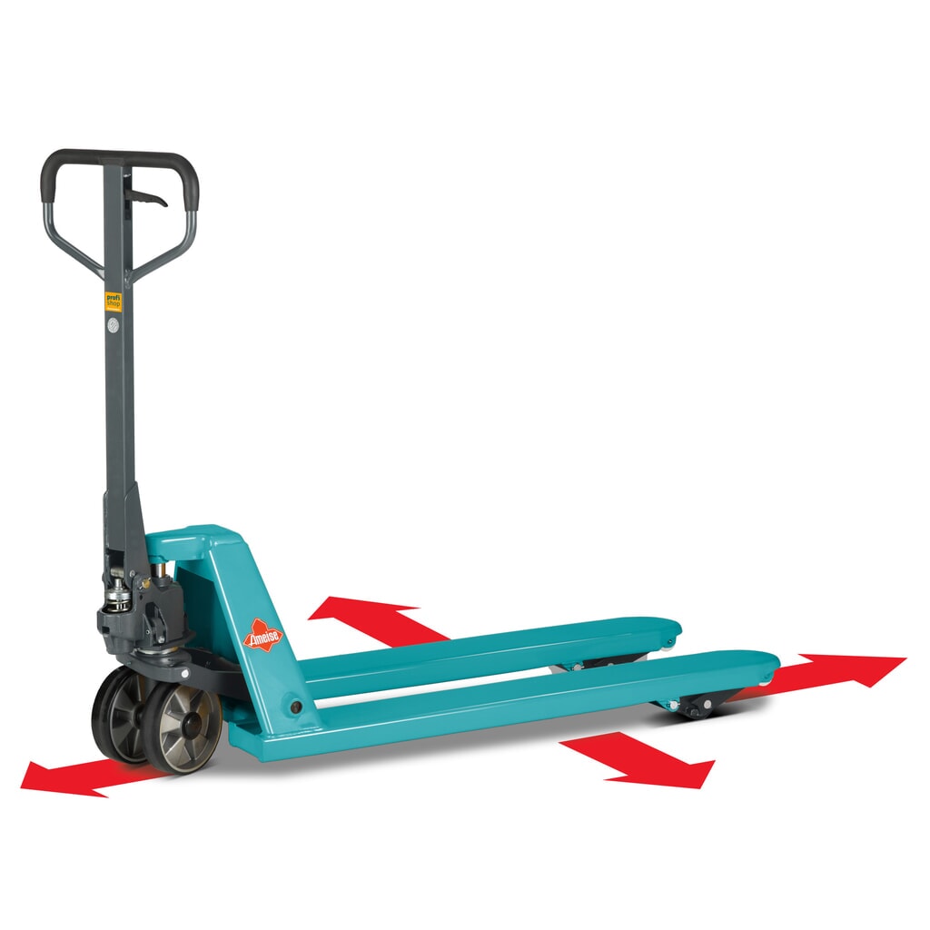 Ameise® PTM 2.5 Cross 4-way hand pallet truck, load capacity 2,500/1,500 kg, fork length 1,150 mm, polyurethane Product image: Ameise® PTM 2.5 Cross 4-way hand pallet truck, load capacity 2,500/1,500 kg, fork length 1,150 mm, polyurethane