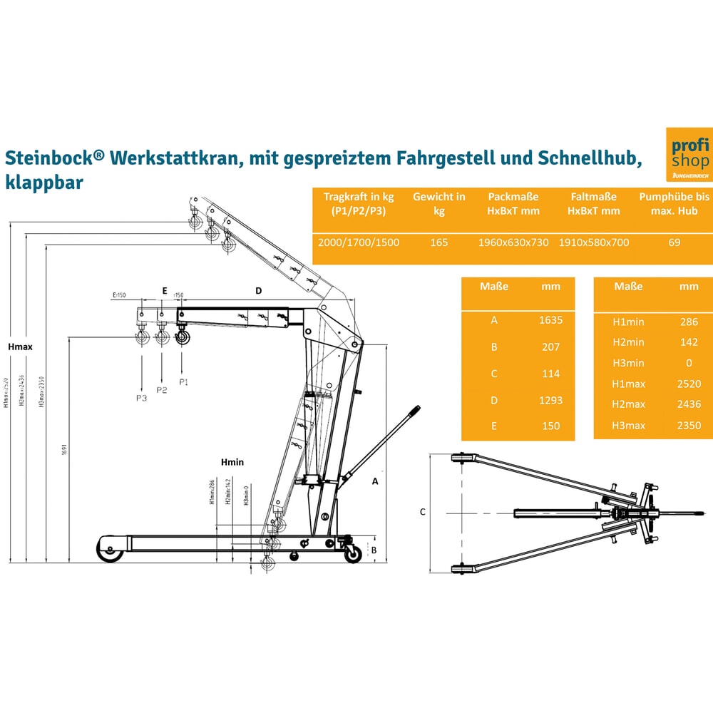 Product image no. 5: Steinbock® Workshop crane with spread chassis and rapid lift, foldable, capacity 1500-2000 kg