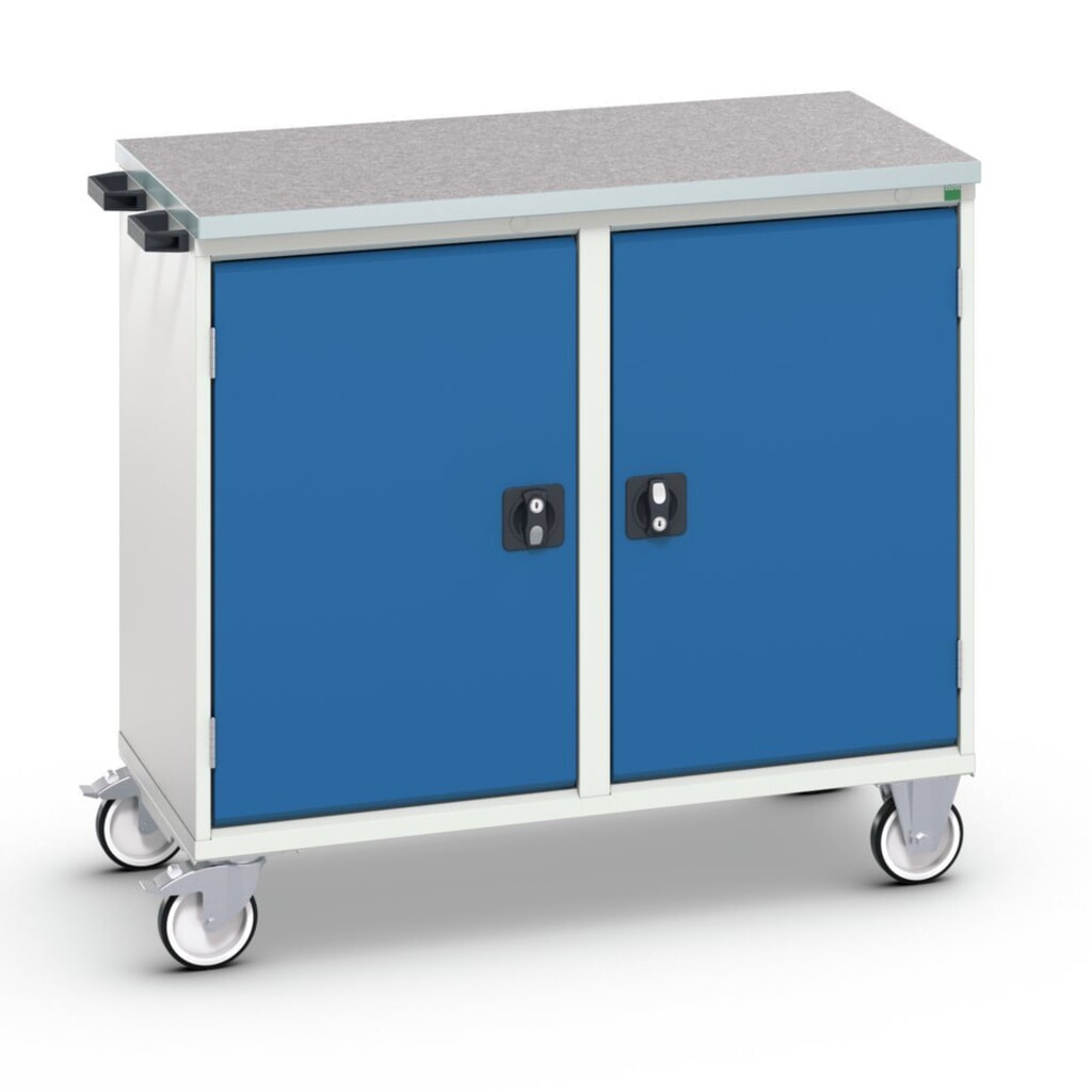 Product image: bott verso assembly trolley with 2 doors, shelves and linoleum top, WxDxH: 1050 x 600 x 980 mm