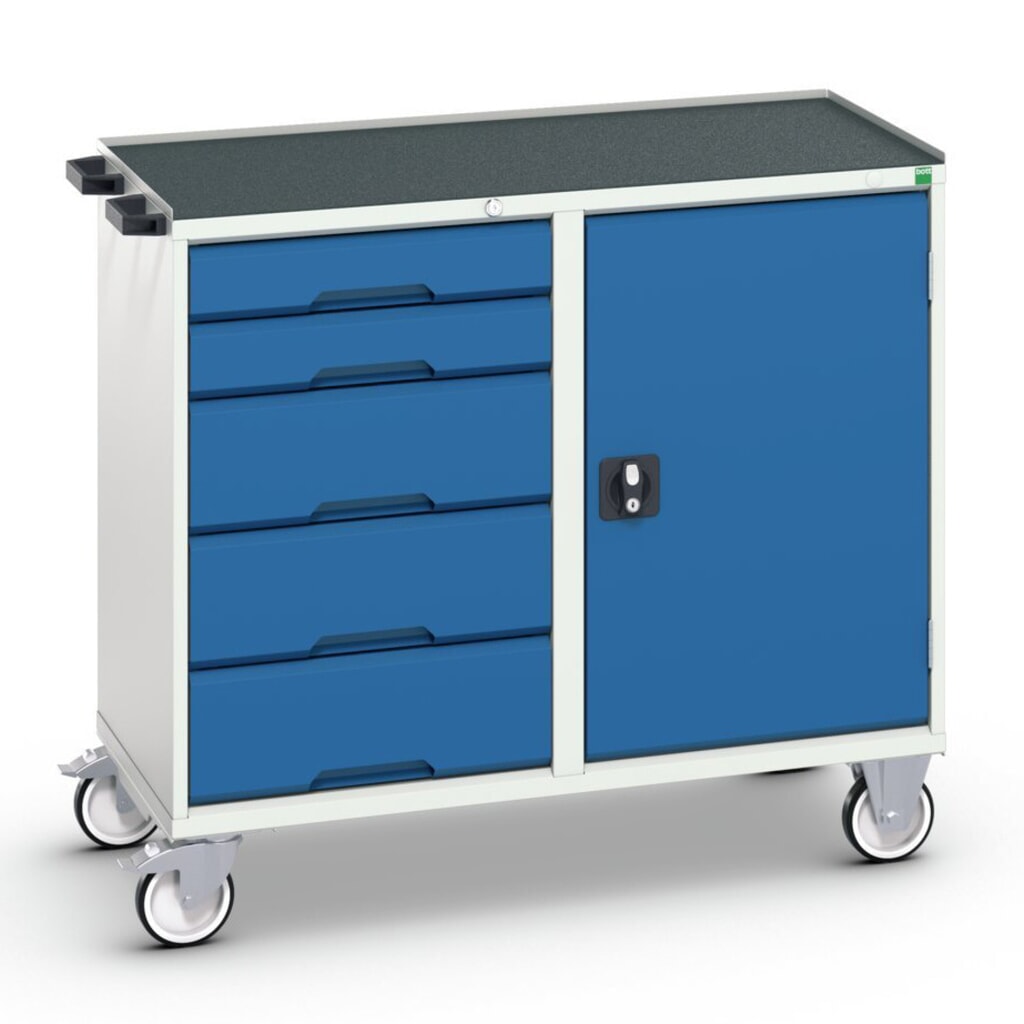 bott verso assembly trolley with 5 drawers, door and raised edge, WxDxH: 1050 x 550 x 965 mm Product image: bott verso assembly trolley with 5 drawers, door and raised edge, WxDxH: 1050 x 550 x 965 mm