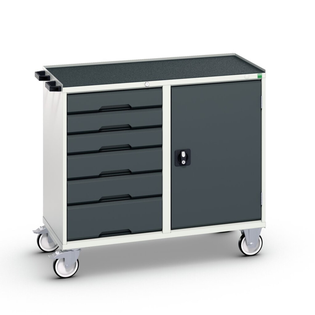 bott verso assembly trolley with 6 drawers, door and raised edge, WxDxH: 1050 x 550 x 965 mm Product image: bott verso assembly trolley with 6 drawers, door and raised edge, WxDxH: 1050 x 550 x 965 mm