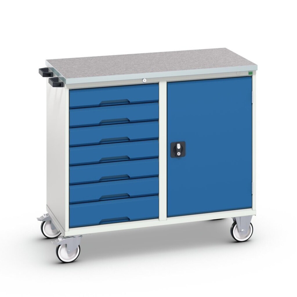 bott verso assembly trolley with 7 drawers, door and linoleum top, WxDxH: 1050 x 600 x 980 mm Product image: bott verso assembly trolley with 7 drawers, door and linoleum top, WxDxH: 1050 x 600 x 980 mm