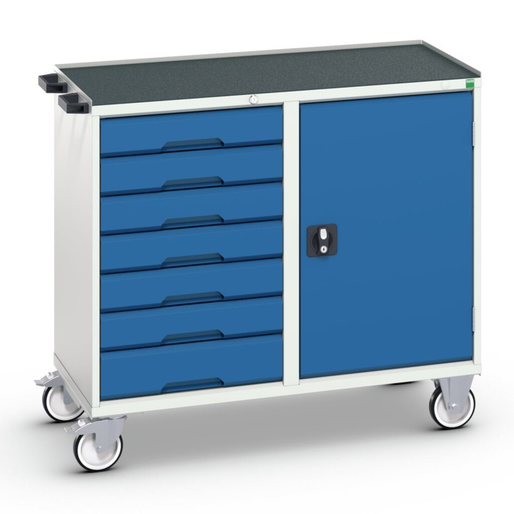 bott verso assembly trolley with 7 drawers, door and raised edge, WxDxH: 1050 x 550 x 965 mm Product image: bott verso assembly trolley with 7 drawers, door and raised edge, WxDxH: 1050 x 550 x 965 mm