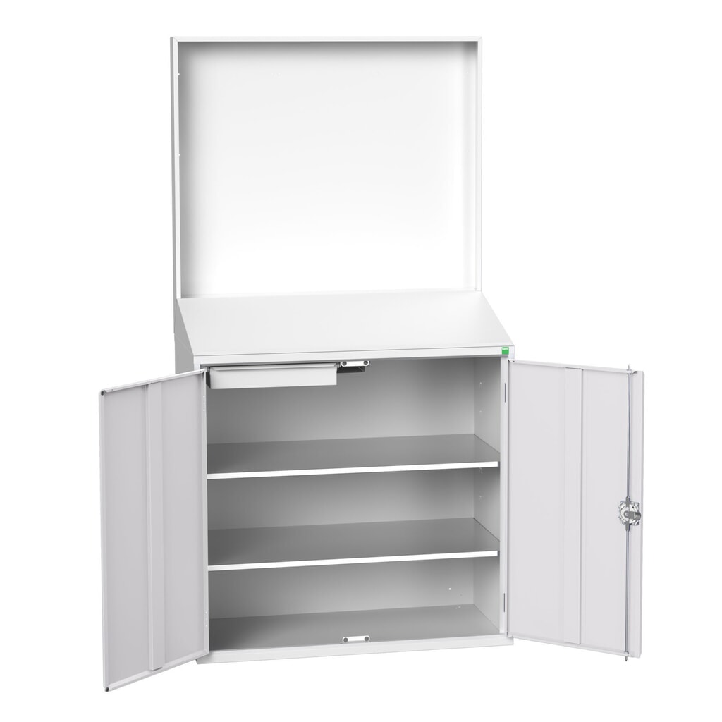 bott verso Economy desk with smooth rear panel, with 2 shelves, 1 drawer, WxDxH: 1050 x 550 x 2000 mm Product image no. 1: bott verso Economy desk with smooth rear panel, with 2 shelves, 1 drawer, WxDxH: 1050 x 550 x 2000 mm