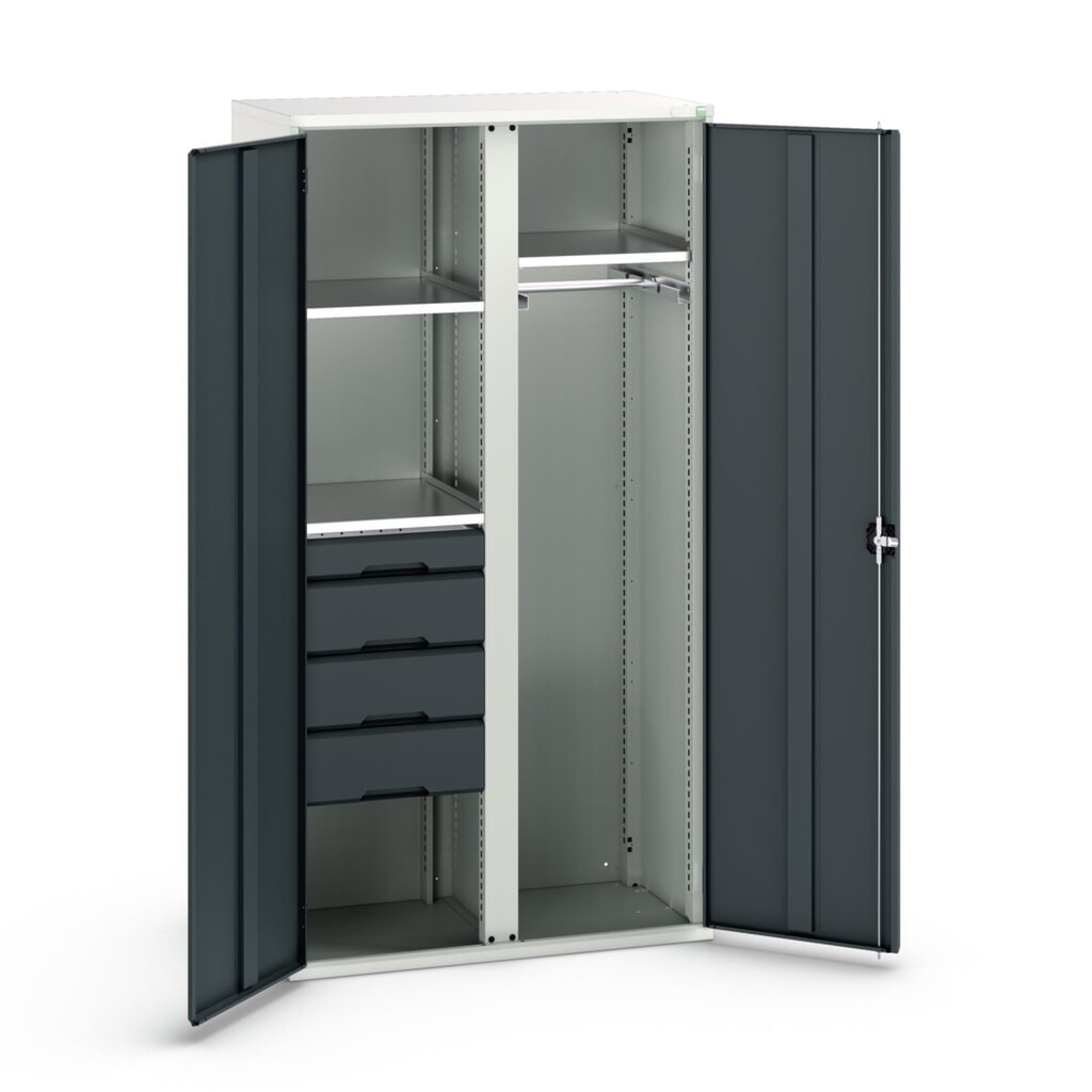 bott verso hinged door cabinet with 4 drawers, with 3 shelves and 1 clothes rail, WxDxH: 1050 x 550 x 2000 mm Product image: bott verso hinged door cabinet with 4 drawers, with 3 shelves and 1 clothes rail, WxDxH: 1050 x 550 x 2000 mm