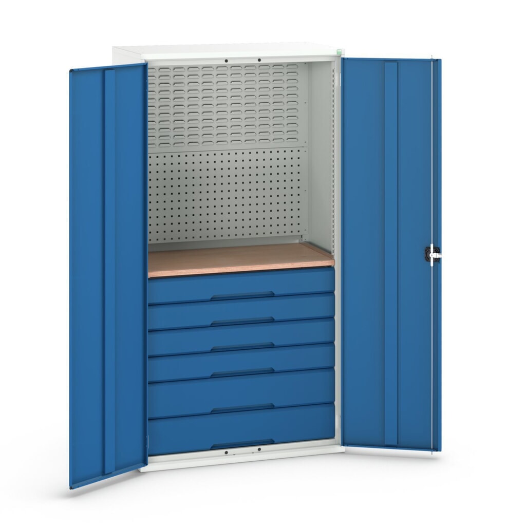 bott verso hinged door cabinet with 6 drawers, with rear panel and worktop, WxDxH: 1050 x 550 x 2000 mm Product image: bott verso hinged door cabinet with 6 drawers, with rear panel and worktop, WxDxH: 1050 x 550 x 2000 mm