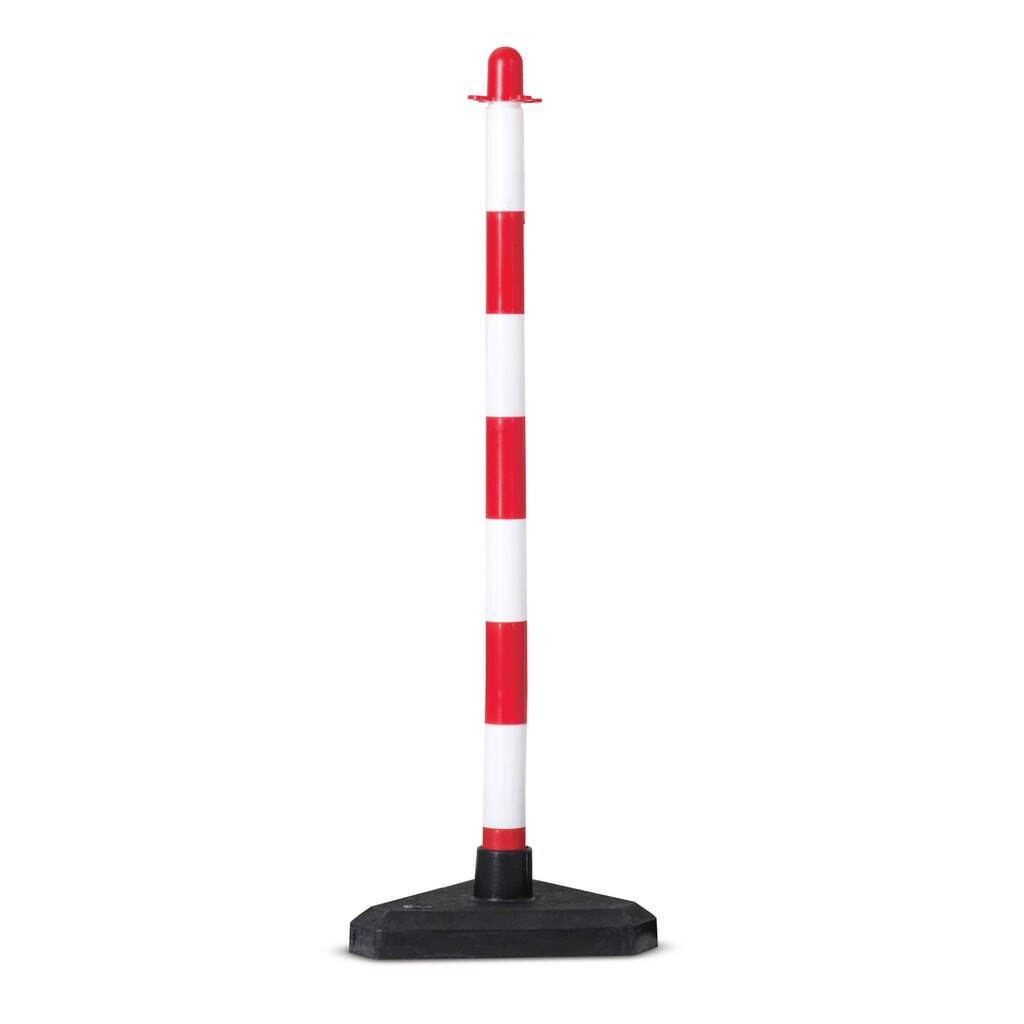 Chain post single, solid rubber base (triangular), red/white Product image: Chain post single, solid rubber base (triangular), red/white