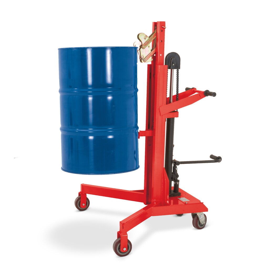Product image: Drum lifter with foot pedal, corner pick-up, lift height 500 mm, capacity 450 kg, RAL 3020 traffic red