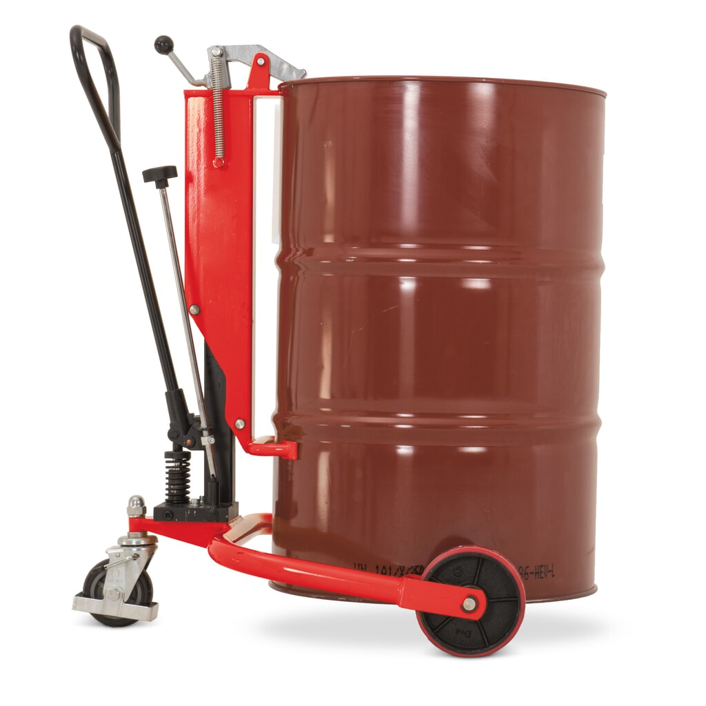 Product image: Drum lifter with tiller, lift height 200 mm, capacity 250 kg, RAL 3020 traffic red