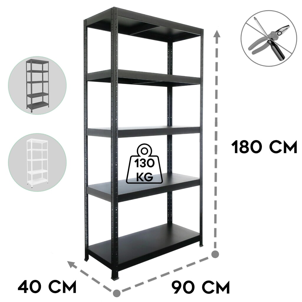 Product image no. 3: HEMMDAL boltless metal rack, shelf load 130 kg, HxWxD 1,800 x 900 x 400 mm, black