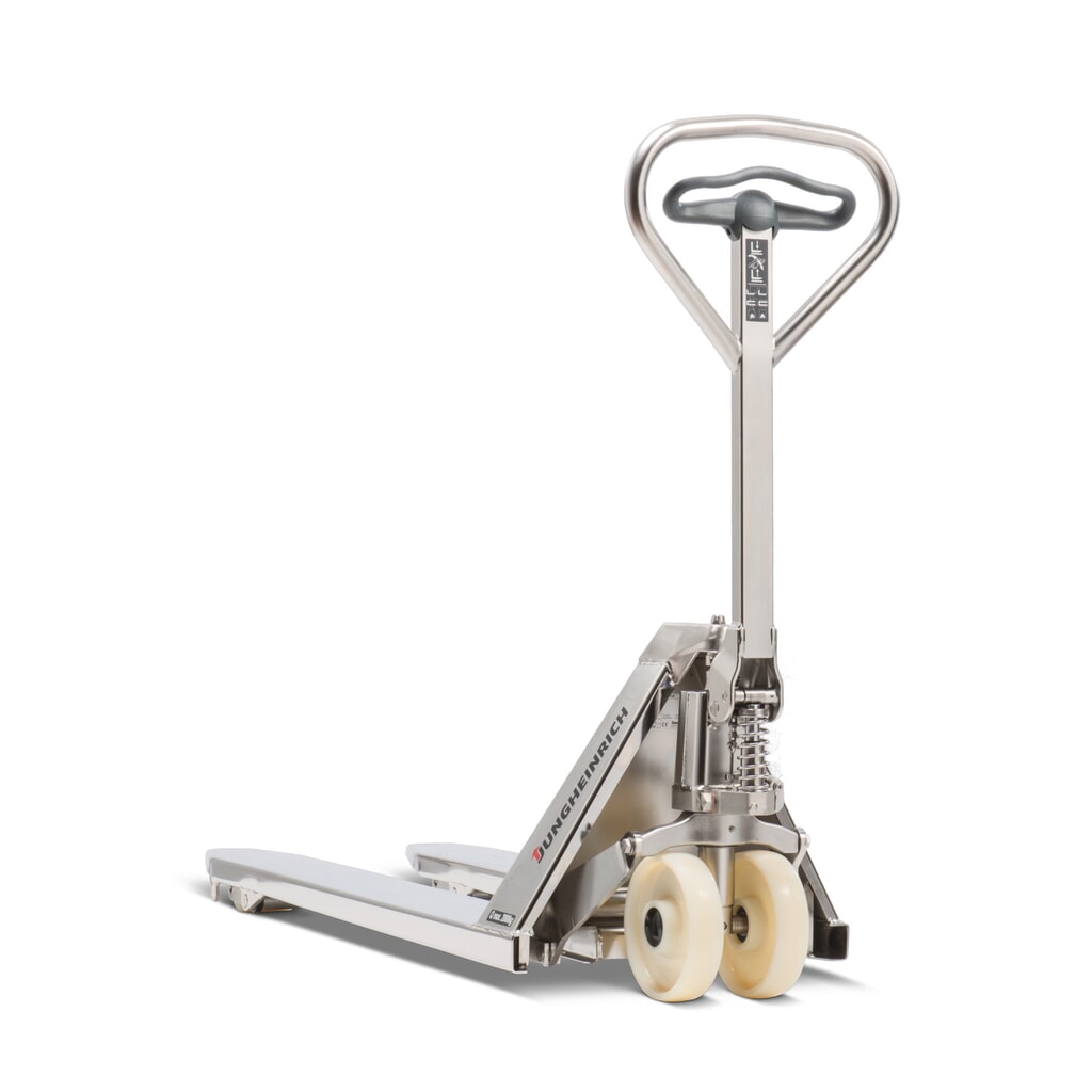 Jungheinrich AM I20 stainless steel pallet truck, load capacity 2,000 kg, fork length 1,140 mm, nylon Product image: Jungheinrich AM I20 stainless steel pallet truck, load capacity 2,000 kg, fork length 1,140 mm, nylon