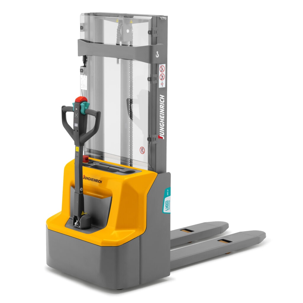 Jungheinrich AMC 12 electric high-lift stacker truck, two-stage telescopic mast, lift height 2,600 mm, load capacity 1,200 kg Product image: Jungheinrich AMC 12 electric high-lift stacker truck, two-stage telescopic mast, lift height 2,600 mm, load capacity 1,200 kg