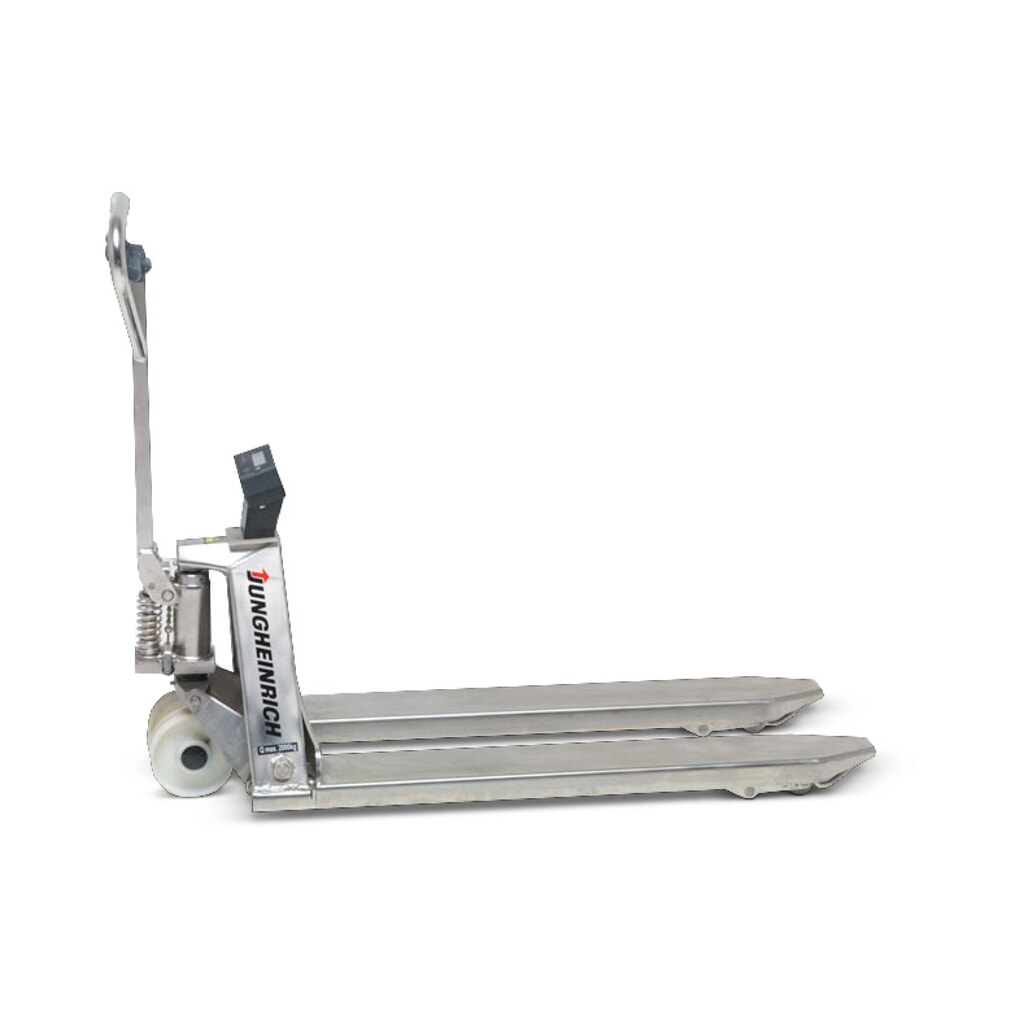 Jungheinrich AMW I20 stainless steel pallet truck with scale, load capacity 2,000 kg, 1 kg increments Product image: Jungheinrich AMW I20 stainless steel pallet truck with scale, load capacity 2,000 kg, 1 kg increments