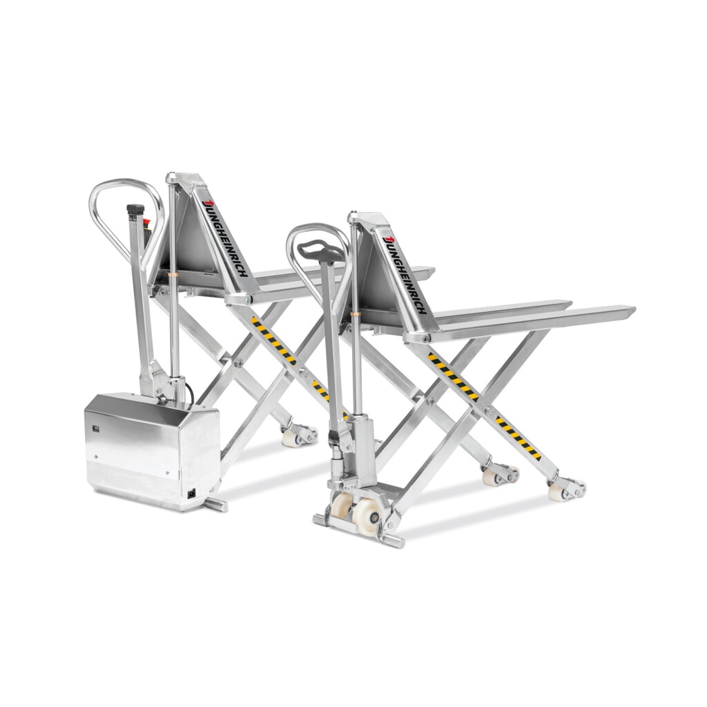 Product image: Jungheinrich AMX I15ep stainless steel scissor lift pallet truck, professional, load capacity 1,500 kg, fork length 1,200 mm, nylon