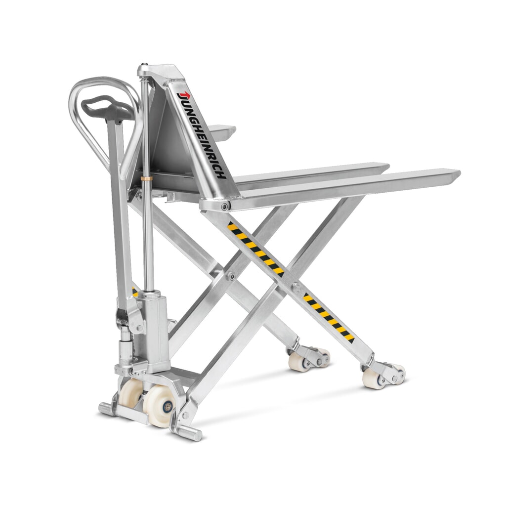 Jungheinrich AMX I15p stainless steel scissor lift pallet truck – professional version, load capacity 1,500 kg, polyurethane Product image: Jungheinrich AMX I15p stainless steel scissor lift pallet truck – professional version, load capacity 1,500 kg, polyurethane