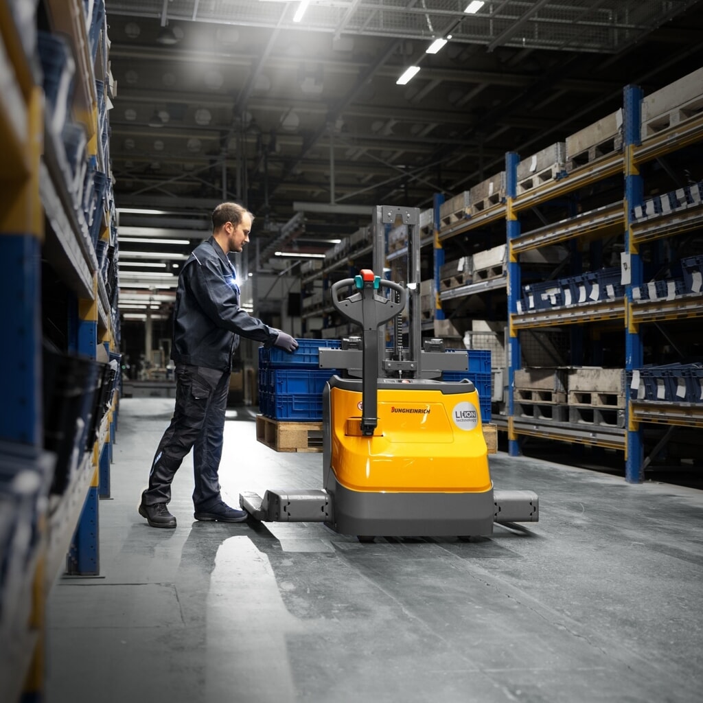 Jungheinrich EJC 110i E electric high-lift stacker truck, single mast, lift height 1,230 mm, load capacity 1,000 kg, proportional hydraulics, support arm spacing 891 mm Product image no. 6: Jungheinrich EJC 110i E electric high-lift stacker truck, single mast, lift height 1,230 mm, load capacity 1,000 kg, proportional hydraulics, support arm spacing 891 mm