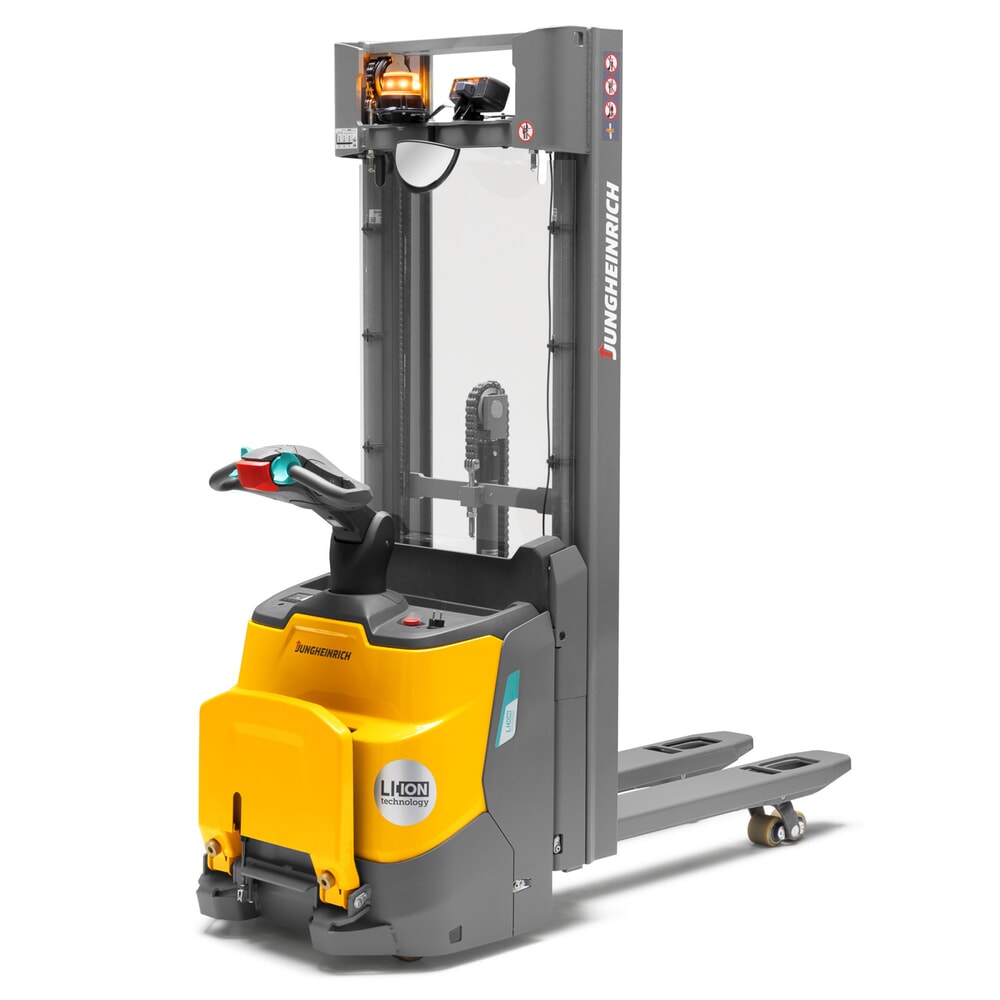 Product image: Jungheinrich electric high-lift stacker truck ERC 112zi ZT with platform, two-stage telescopic mast, lift height 2,700 mm, load capacity 1,200 kg, proportional hydraulics