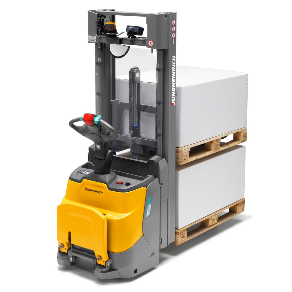 Jungheinrich electric high-lift stacker truck ERC 110zi ZT with platform, two-stage telescopic mast, lift height 2,500 mm, load capacity 1,000 kg, proportional hydraulics, double-deck function Product image: Jungheinrich electric high-lift stacker truck ERC 110zi ZT with platform, two-stage telescopic mast, lift height 2,500 mm, load capacity 1,000 kg, proportional hydraulics, double-deck function