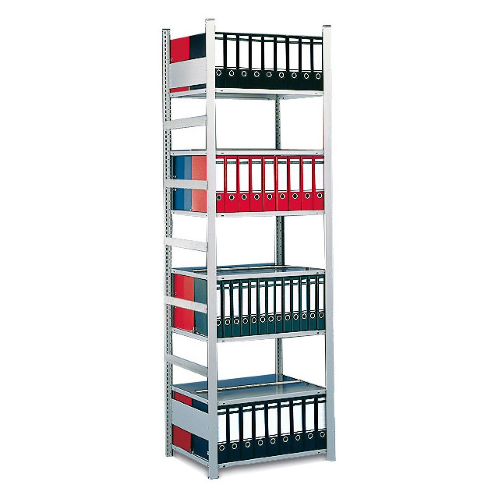 Product image: META filing shelf, BU, double-sided, without top shelf, SL 80 kg, light grey, HxWxD 1,850 x 750 x 600 mm