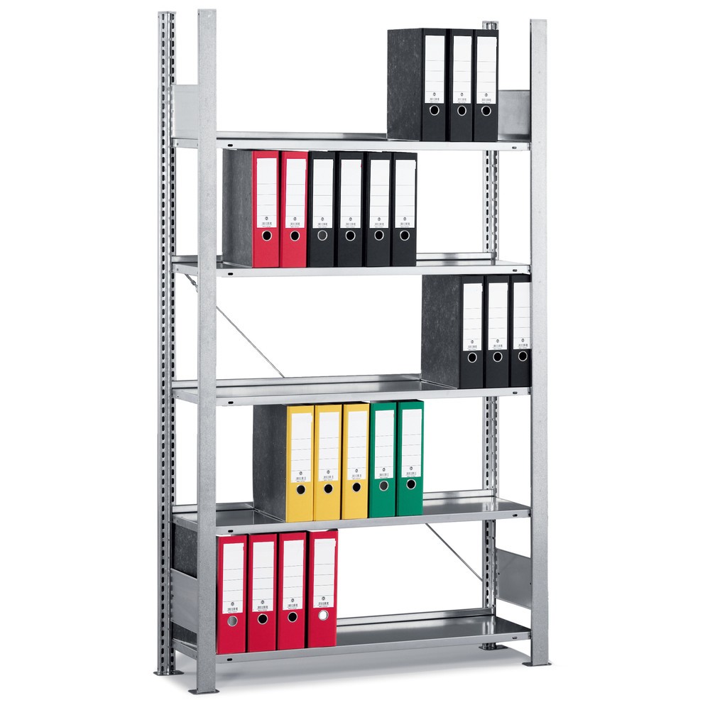 Product image: META filing shelf, BU, single-sided, without top shelf, SL 80 kg, light grey, HxWxD 1,850 x 750 x 300 mm