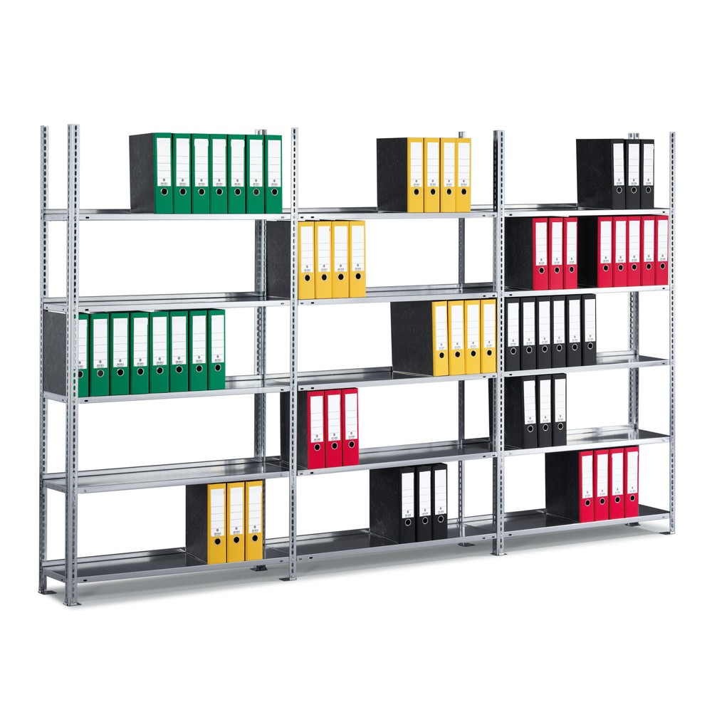 Product image: META filing shelf, complete package, one-sided, without top shelf, galvanised, HxWxD 1,850 x 3,000 x 300 mm