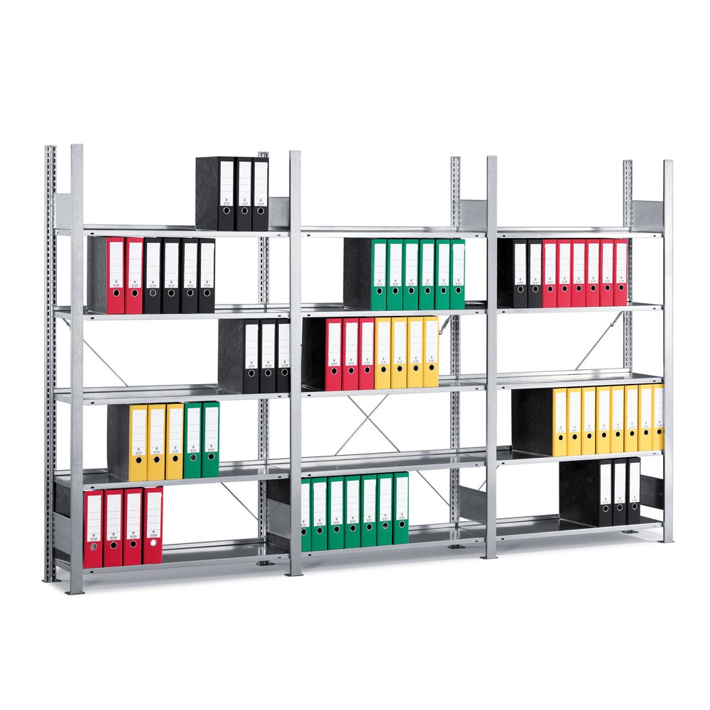 Product image: META filing shelf, complete package, one-sided, without top shelf, shelf load 80 kg, galvanised, HxWxD 1,850 x 3,000 x 300 mm