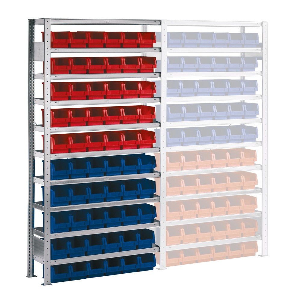 Product image: META shelf rack, AU, with open-fronted storage bins, SL 100 kg, 60 bins, HxWxD 2000 x 1000 x 300 mm