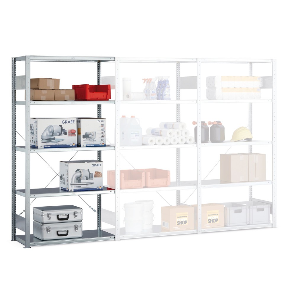 Product image: META shelf rack, boltless, AU, SL 100 kg, light grey, HxWxD 2,500 x 1,000 x 400 mm