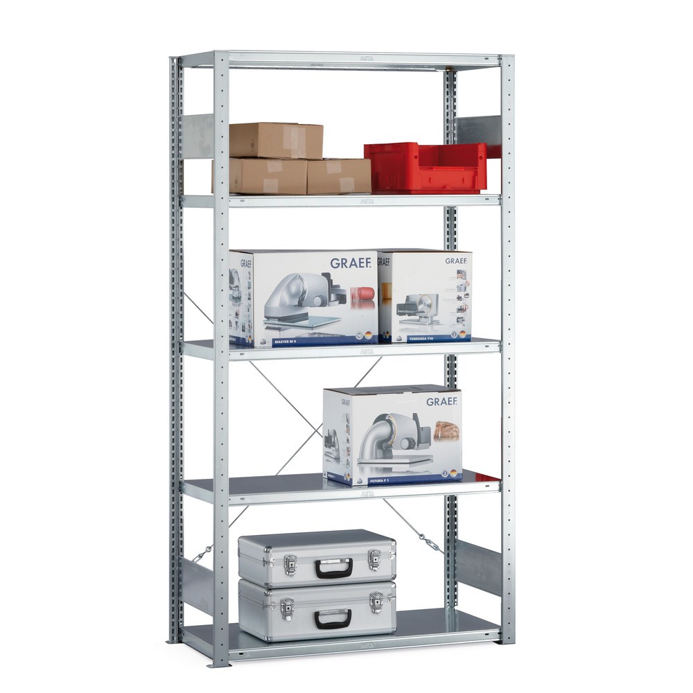 Product image: META shelf rack, boltless, BU, SL 100 kg, light grey, HxWxD 2,500 x 1,000 x 600 mm