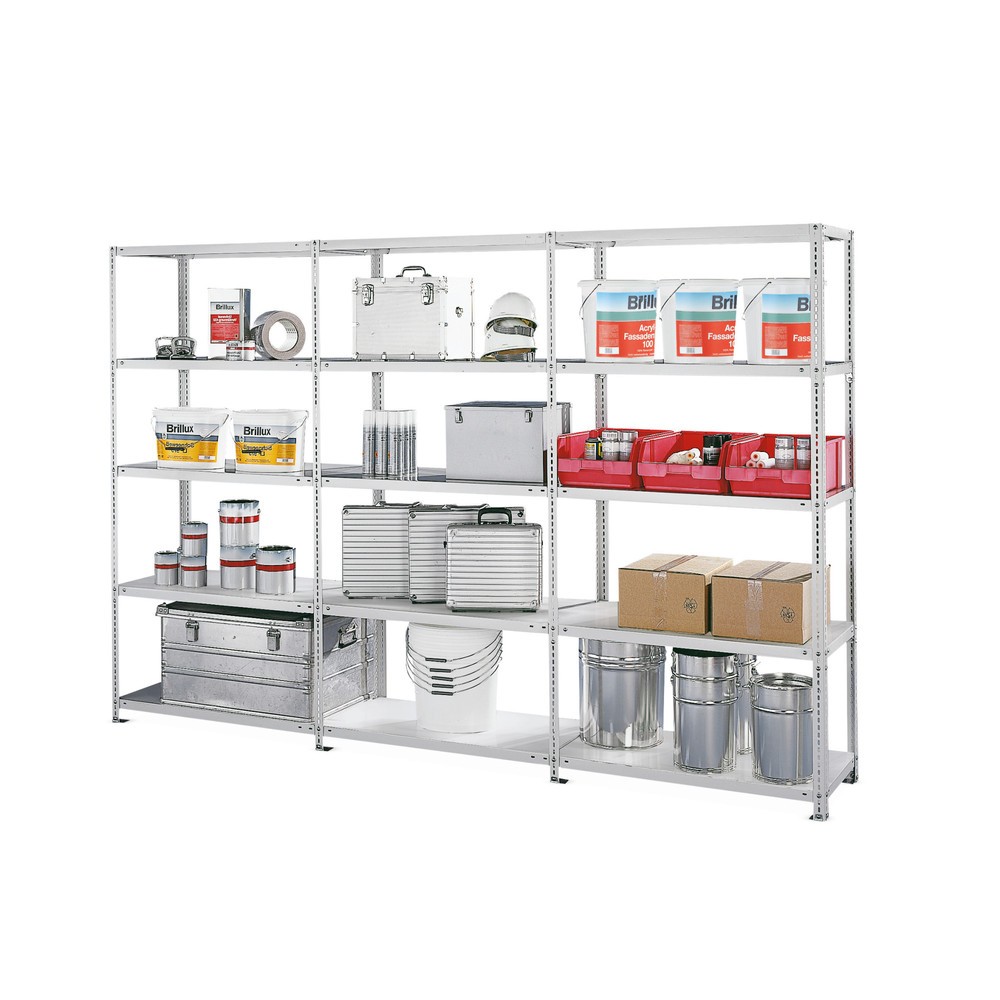 Product image: META shelf rack, complete package, bolted, shelf load 100 kg, galvanised, HxWxD 2,000 x 3,000 x 500 mm