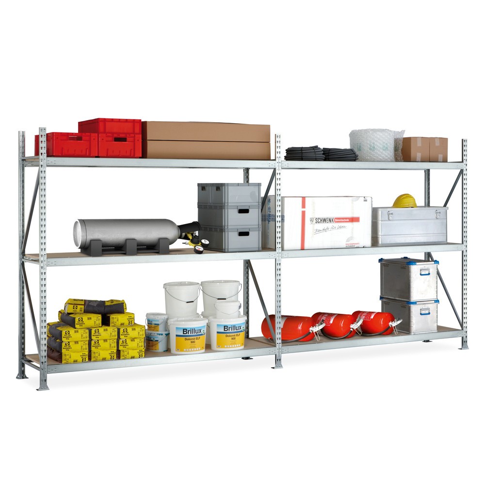 Product image: META wide-span rack, complete package, with chipboard, SL 600 kg, HxWxD 2,200 x 3,600 x 650 mm