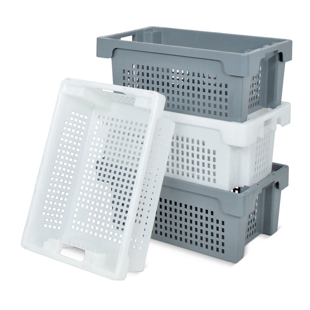 Stacking and nesting container, perforated side walls and base, 50 litres, grey Product image no. 6: Stacking and nesting container, perforated side walls and base, 50 litres, grey