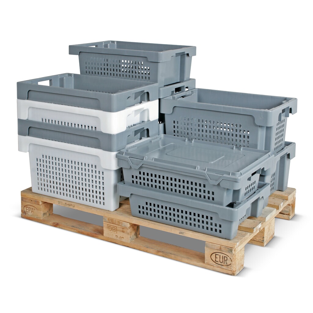 Stacking and nesting container, perforated side walls and base, 50 litres, grey Product image no. 1: Stacking and nesting container, perforated side walls and base, 50 litres, grey