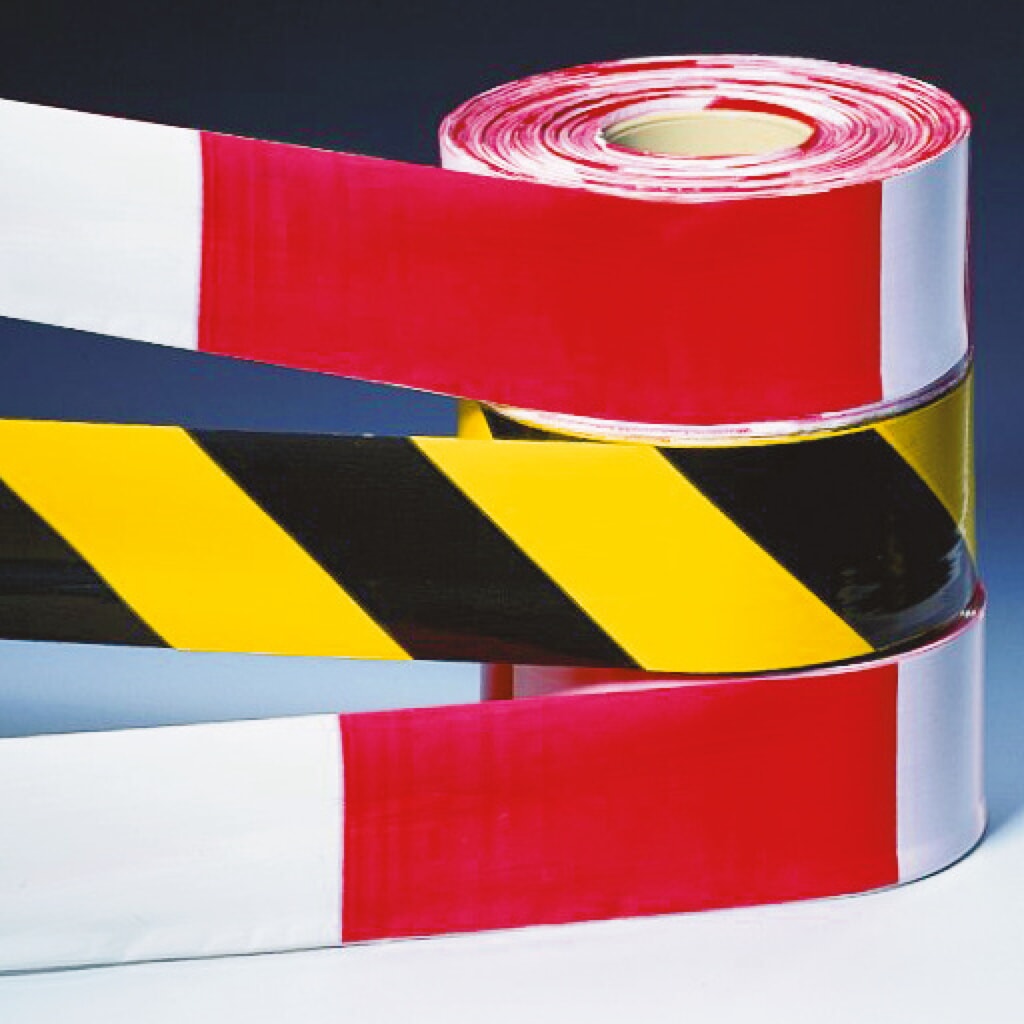 Warning and barrier tapes, red/white, WxL 80 mm x 500 m, 2 rolls/SU Product image: Warning and barrier tapes, red/white, WxL 80 mm x 500 m, 2 rolls/SU