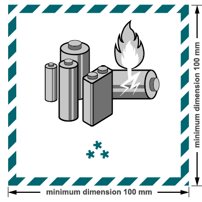 Image of various batteries with one on fire and arrows showing 100mm minimum dimensions.