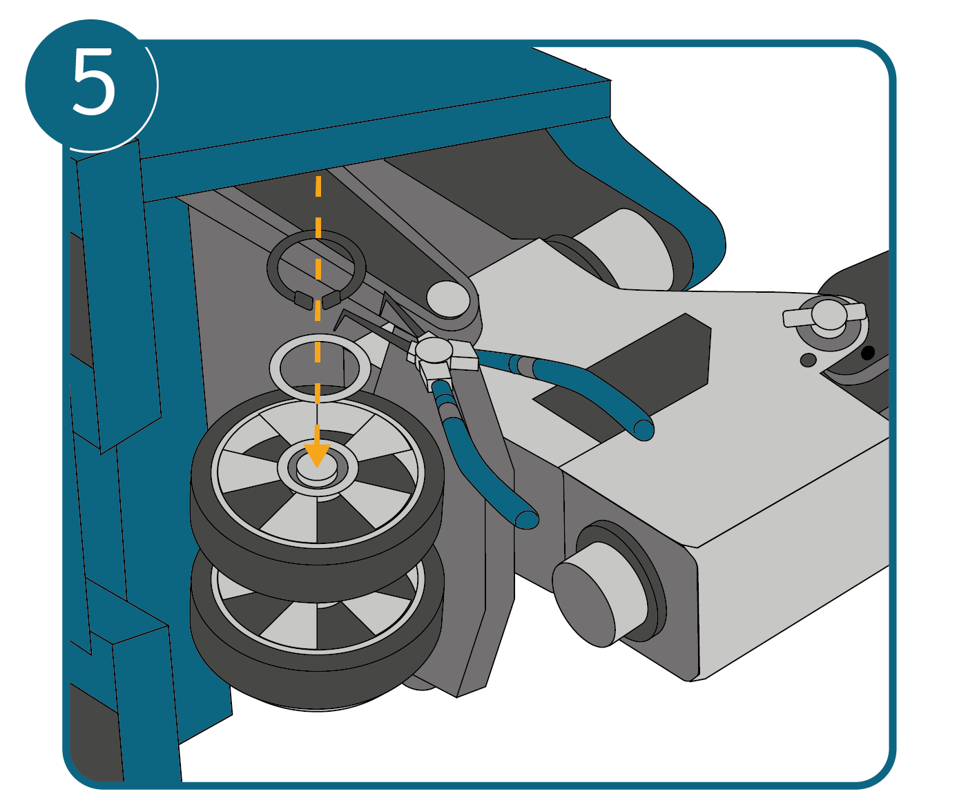 A pallet truck positioned on its side with a snap-ring pliers repositioning the snap ring and washer