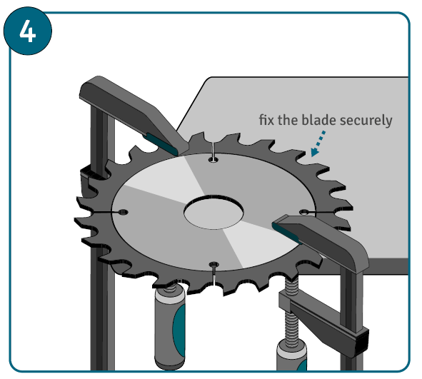 Fix the saw blade securely on a table when sharpening