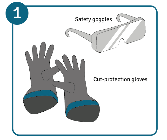 Protective gear for sharpening hedge trimmers: Gloves and safety goggles