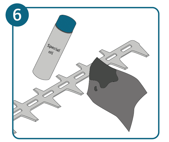 The blade of a hedge trimmer is rubbed down with a cloth and special blade oil