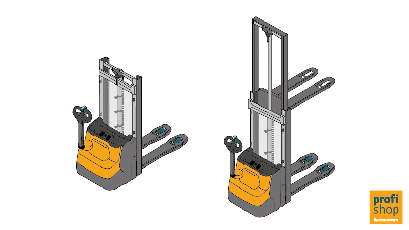 Diagram of an electric stacker truck fitted with a duplex mast, in retracted and extended position