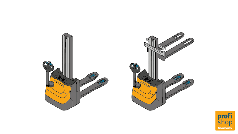 Illustration of an electric stacker truck with a mono mast, in retracted and extended position