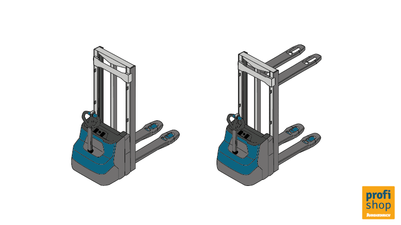 Illustration of an electric stacker truck fitted with a simplex mast, in retracted and extended position
