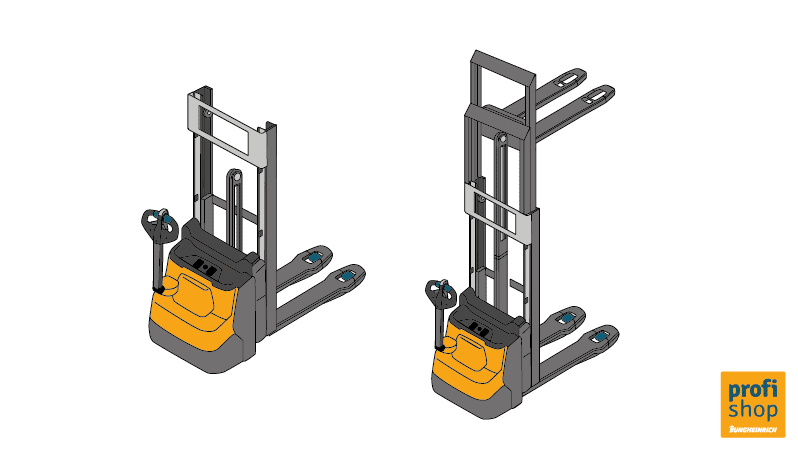 Illustration of an electric stacker truck fitted with a triplex mast, in retracted and extended position