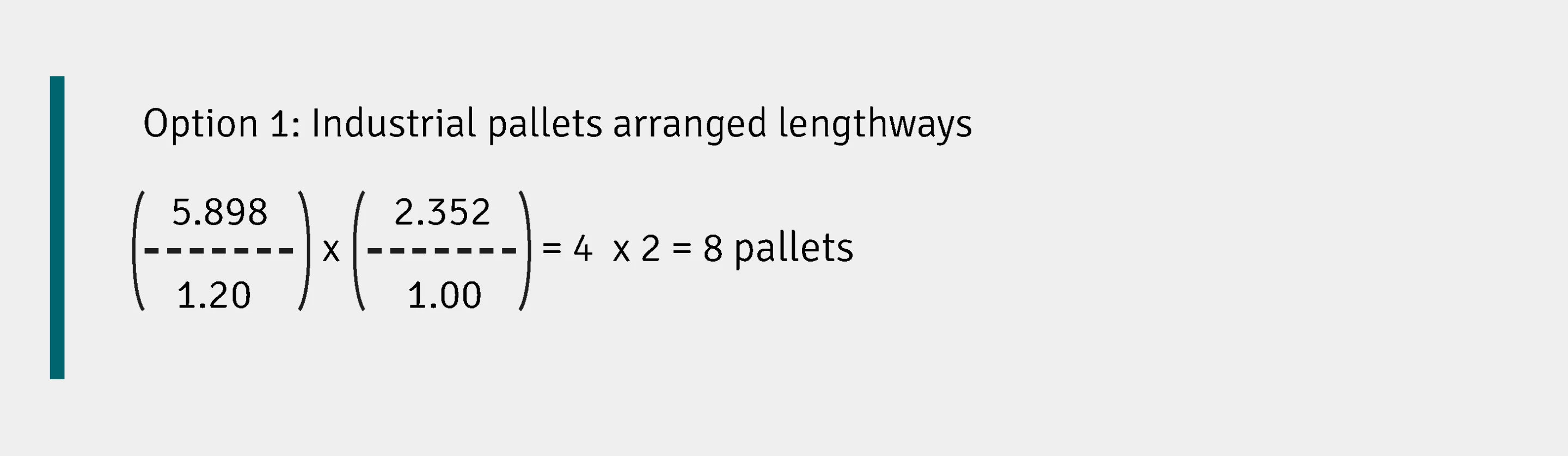 Formula to calculate how many industrial pallets fit lengthways in a 20 ft container