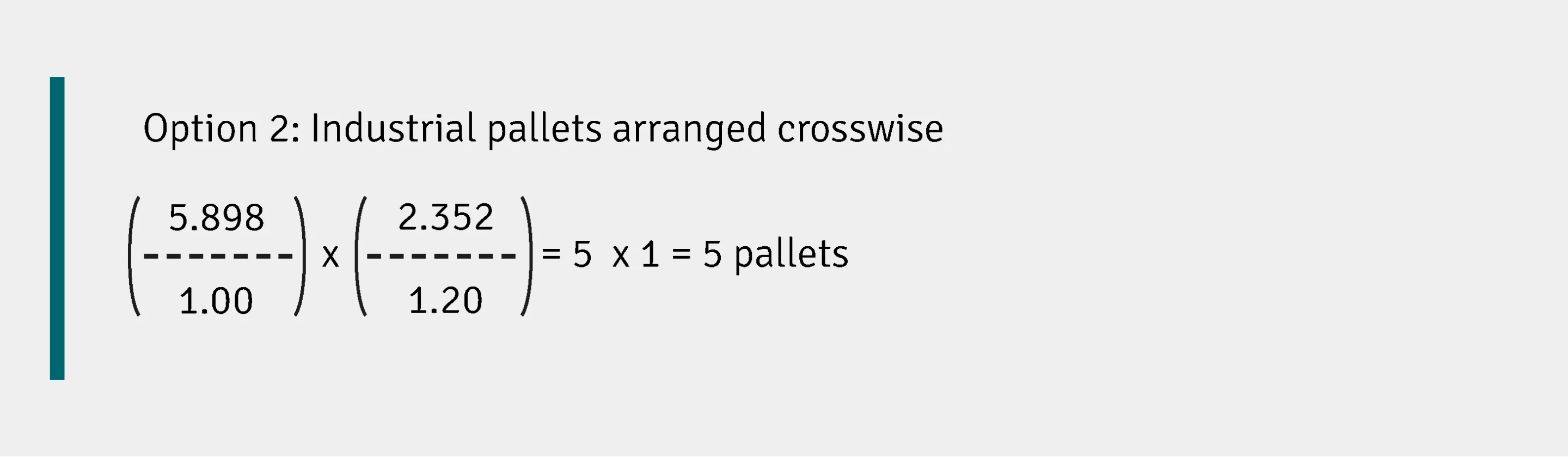 Formula to calculate how many industrial pallets fit crosswise in a 20 ft container